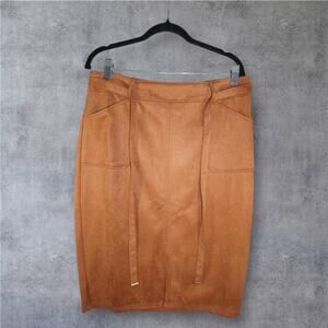NYCC Faux Suede Pocketed Pencil Skirt | Size M | Camel Brown | Belted High Waist